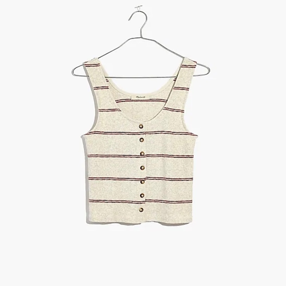 Madewell Striped Ribbed Knit Button Front Scoop Neck Cropped Tank Top, Size L